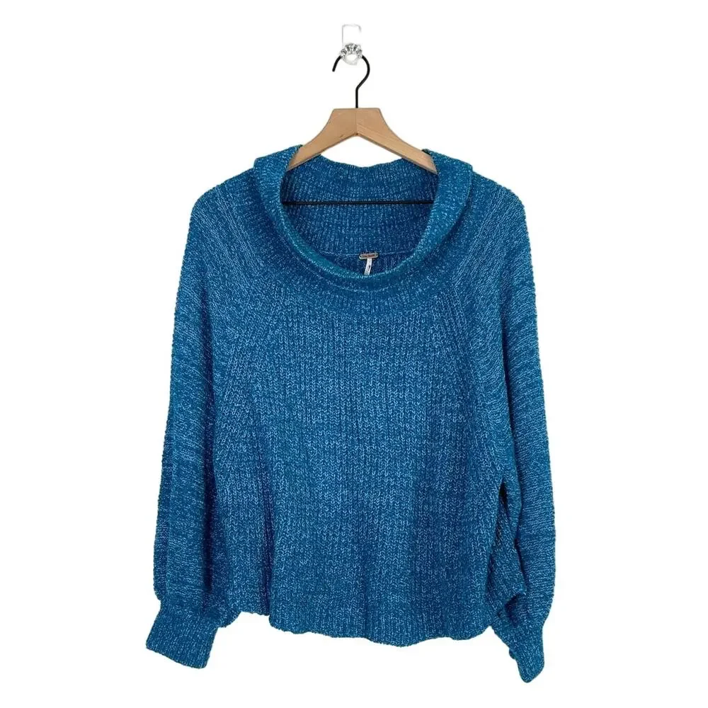 Free People Edessa‎ Off the Shoulder Blue Pullover Balloon Sleeve Knit Sweater M